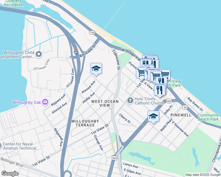 map of restaurants, bars, coffee shops, grocery stores, and more near 262 West Government Avenue in Norfolk