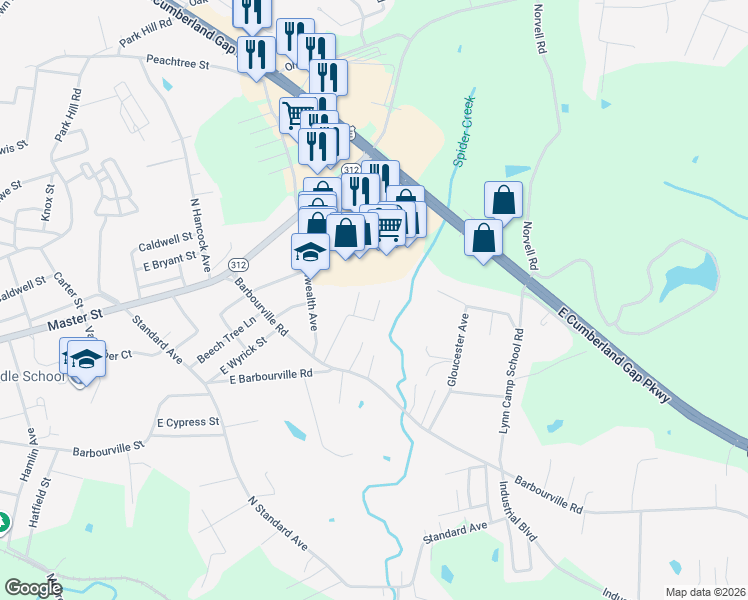 map of restaurants, bars, coffee shops, grocery stores, and more near 77 Oak Place in Corbin