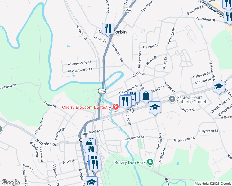 map of restaurants, bars, coffee shops, grocery stores, and more near 416 East Engineer Street in Corbin