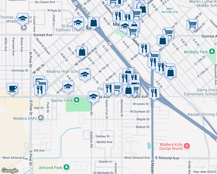 map of restaurants, bars, coffee shops, grocery stores, and more near 412 South K Street in Madera