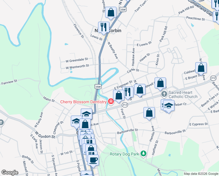 map of restaurants, bars, coffee shops, grocery stores, and more near 416 East Engineer Street in Corbin