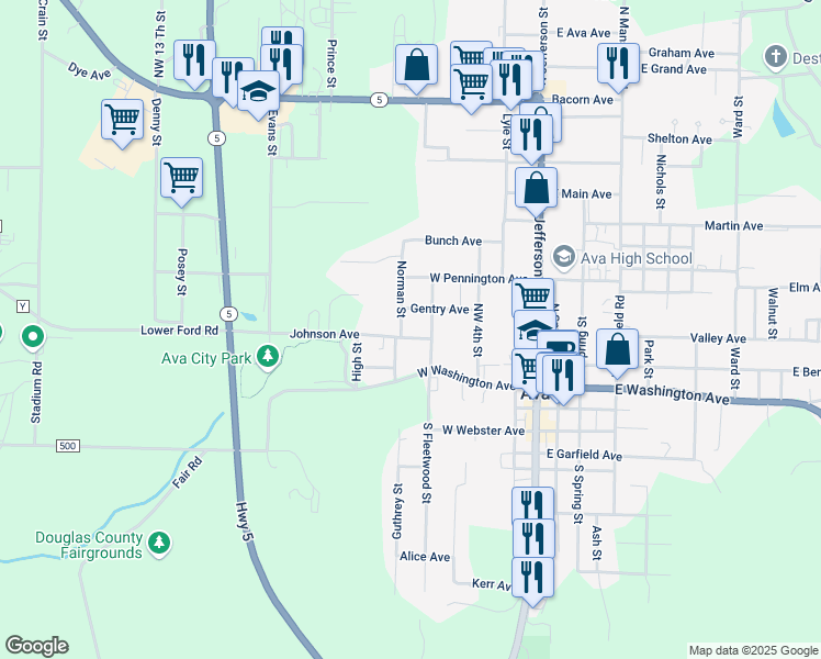 map of restaurants, bars, coffee shops, grocery stores, and more near 300-321 Northwest 7th Street in Ava