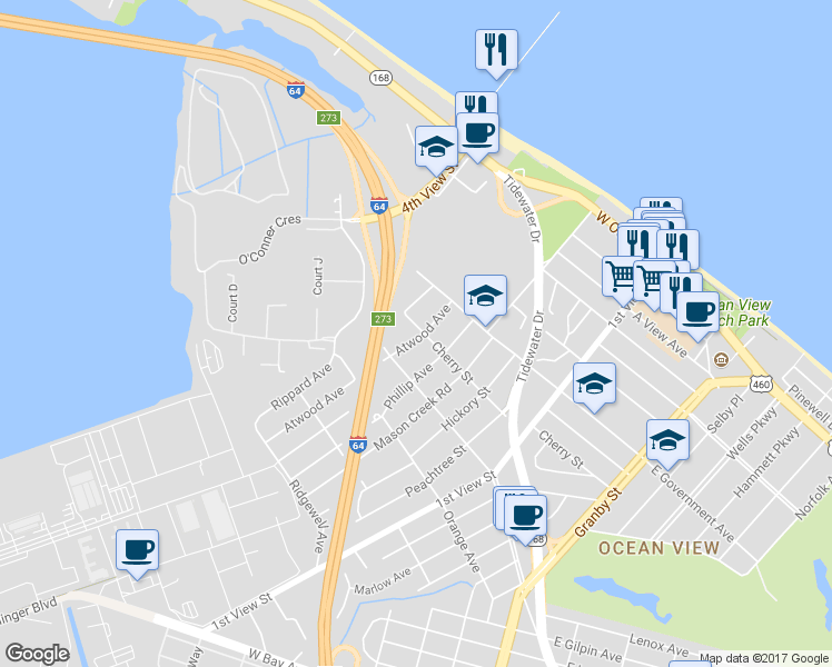 map of restaurants, bars, coffee shops, grocery stores, and more near 359 Cherry Street in Norfolk