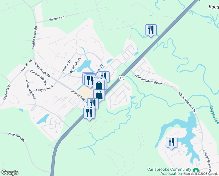 map of restaurants, bars, coffee shops, grocery stores, and more near Carrollton Blvd & Eagle Harbor Pkwy in Isle of Wight
