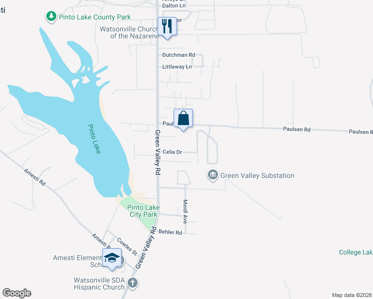 map of restaurants, bars, coffee shops, grocery stores, and more near 145 Celia Dr in Watsonville
