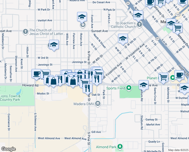 map of restaurants, bars, coffee shops, grocery stores, and more near 1216 West 5th Street in Madera