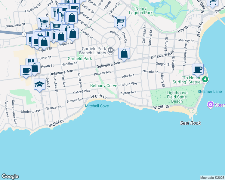 map of restaurants, bars, coffee shops, grocery stores, and more near 223 Oxford Way in Santa Cruz