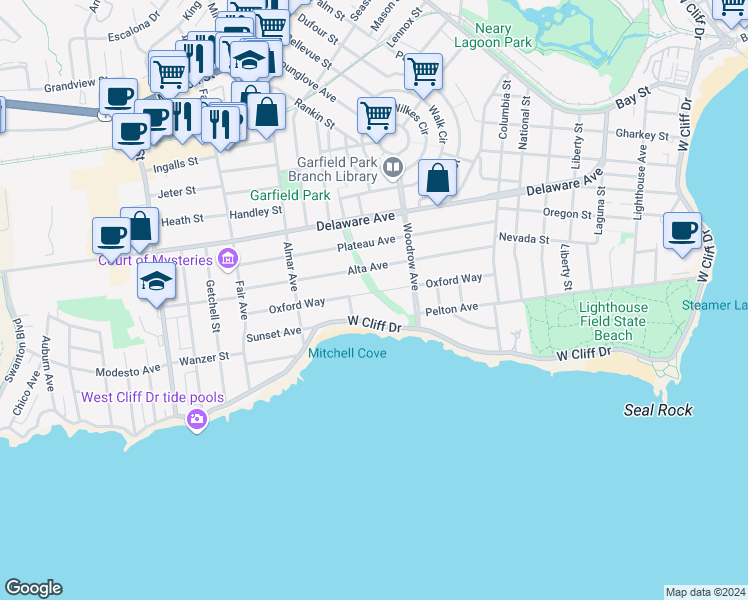 map of restaurants, bars, coffee shops, grocery stores, and more near 223 Oxford Way in Santa Cruz
