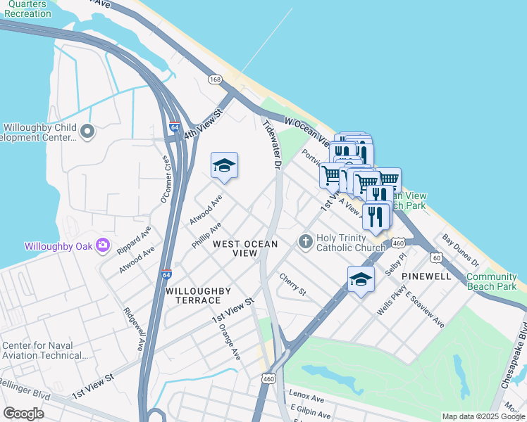 map of restaurants, bars, coffee shops, grocery stores, and more near 262 West Government Avenue in Norfolk