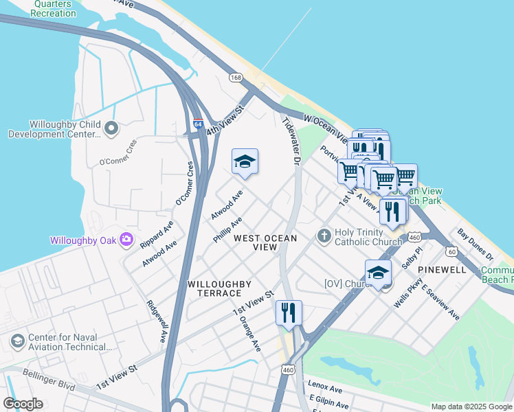 map of restaurants, bars, coffee shops, grocery stores, and more near 9459 Phillip Avenue in Norfolk