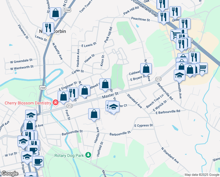map of restaurants, bars, coffee shops, grocery stores, and more near 622 Carter Street in Corbin