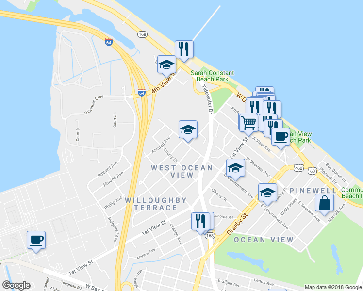 map of restaurants, bars, coffee shops, grocery stores, and more near 9466 Phillip Avenue in Norfolk