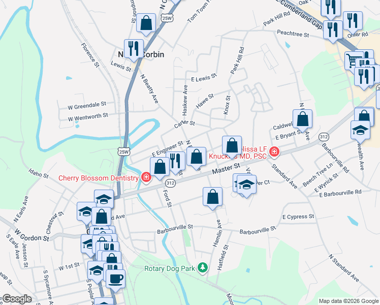 map of restaurants, bars, coffee shops, grocery stores, and more near 602 East Caldwell Street in Corbin