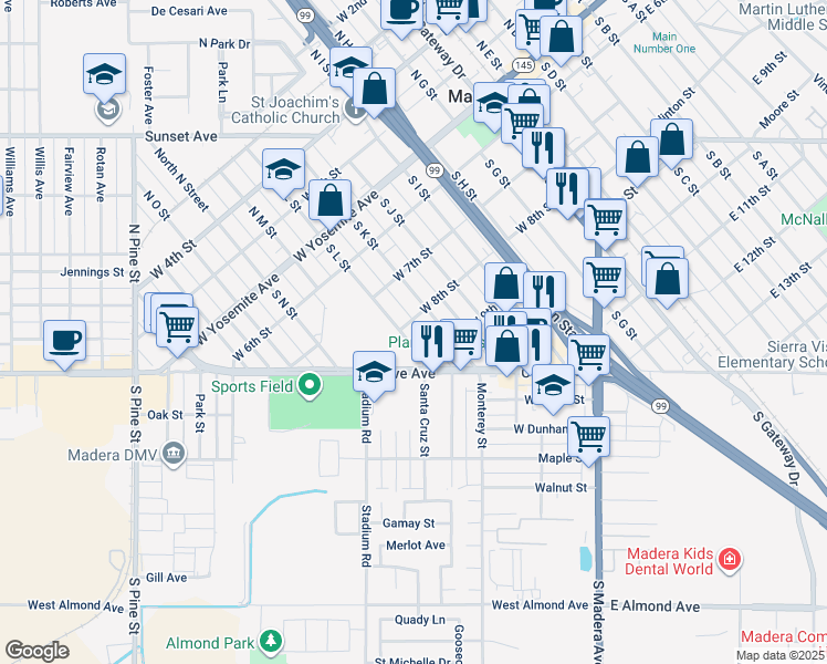 map of restaurants, bars, coffee shops, grocery stores, and more near 401 South L Street in Madera