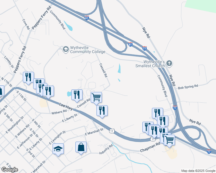 map of restaurants, bars, coffee shops, grocery stores, and more near 389 Cassell Road in Wytheville