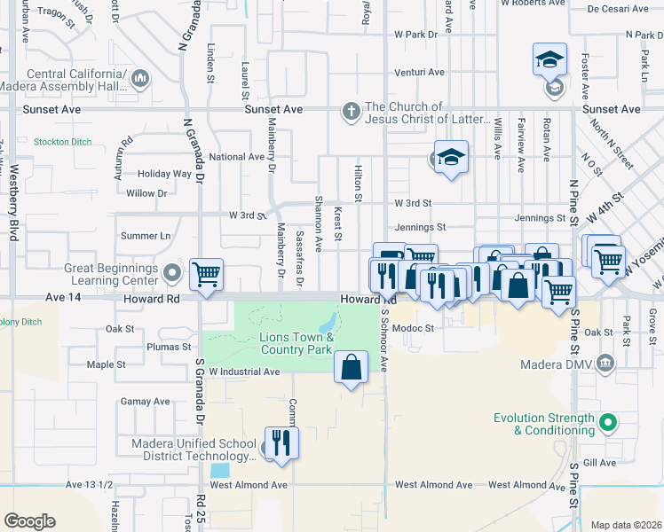 map of restaurants, bars, coffee shops, grocery stores, and more near 116 Krest Street in Madera