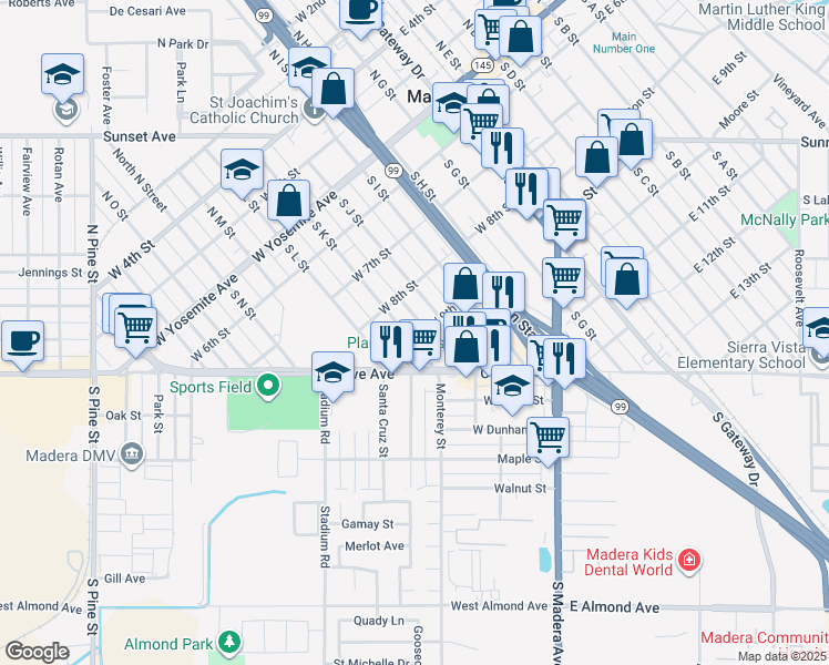 map of restaurants, bars, coffee shops, grocery stores, and more near 429 South K Street in Madera