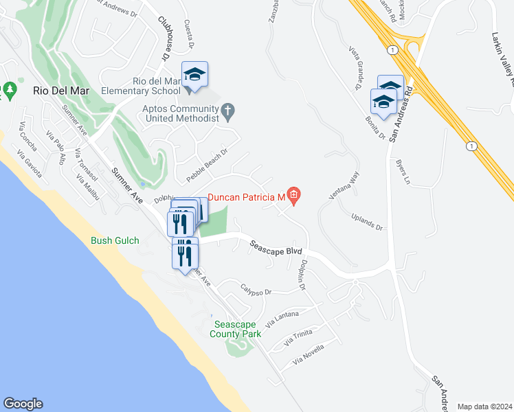 map of restaurants, bars, coffee shops, grocery stores, and more near 148 Farallon Court in Aptos