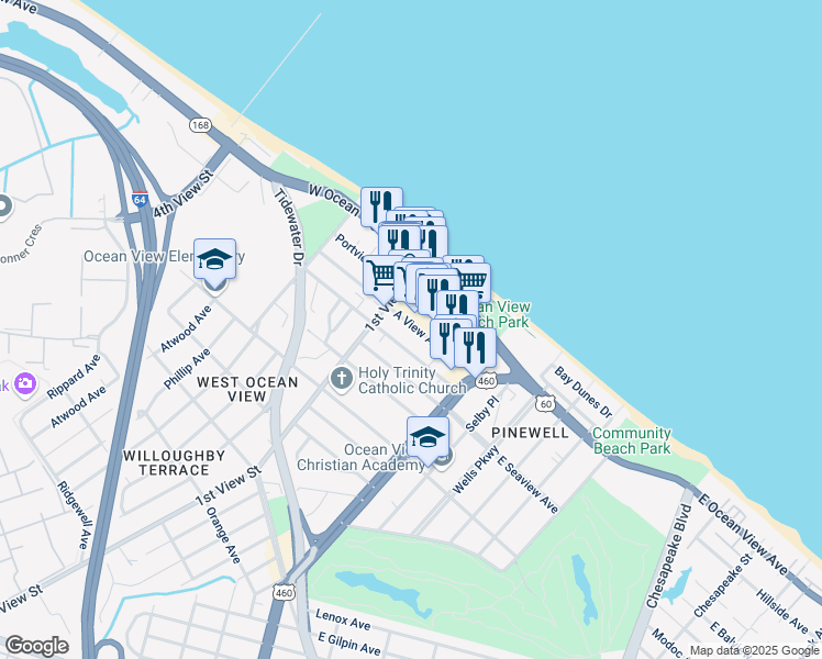 map of restaurants, bars, coffee shops, grocery stores, and more near 165 A View Avenue in Norfolk