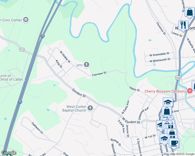 map of restaurants, bars, coffee shops, grocery stores, and more near 240 Fairview Street in Corbin
