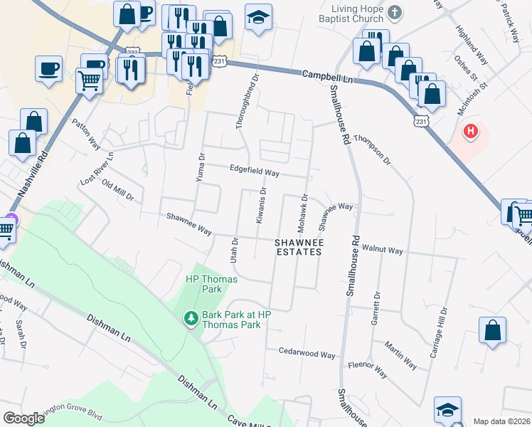 map of restaurants, bars, coffee shops, grocery stores, and more near 2616 Kiwanis Drive in Bowling Green