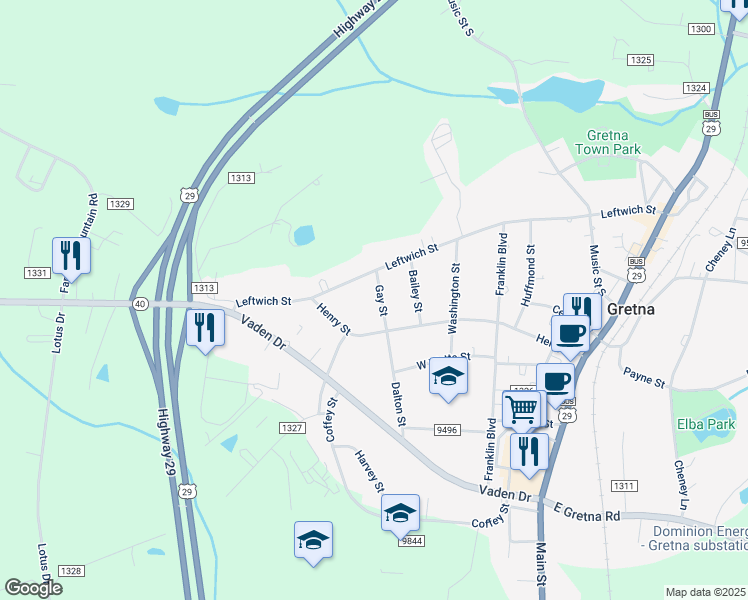 map of restaurants, bars, coffee shops, grocery stores, and more near 107 Gay St in Gretna
