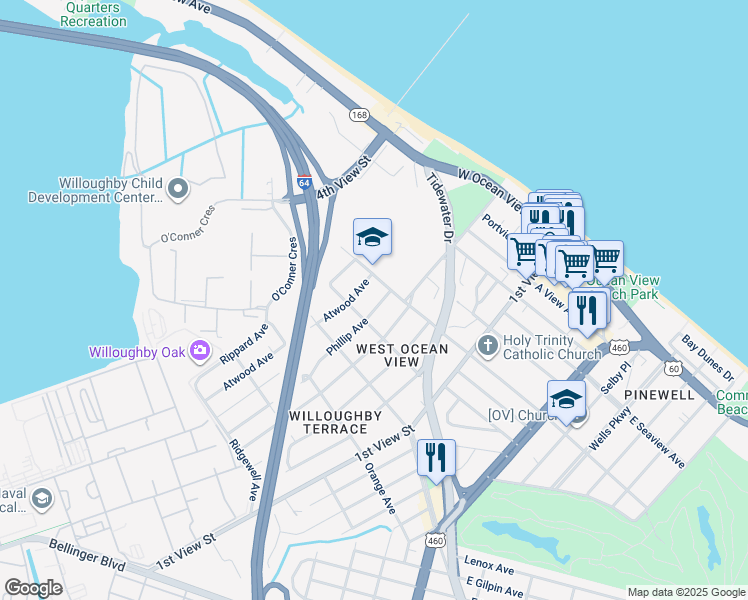 map of restaurants, bars, coffee shops, grocery stores, and more near 9459 Phillip Avenue in Norfolk