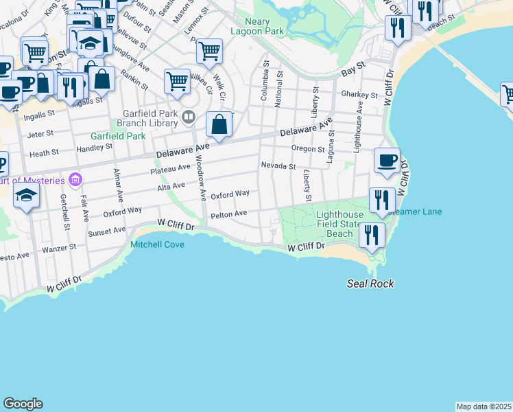 map of restaurants, bars, coffee shops, grocery stores, and more near 806 Pelton Avenue in Santa Cruz