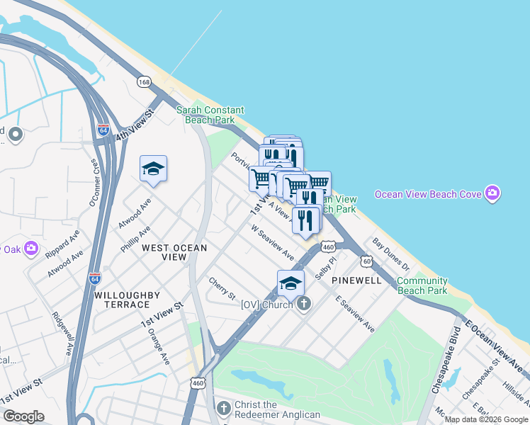 map of restaurants, bars, coffee shops, grocery stores, and more near 185 West Balview Avenue in Norfolk