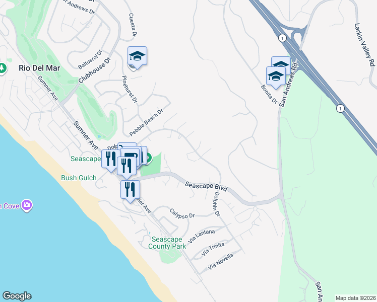 map of restaurants, bars, coffee shops, grocery stores, and more near 126 Farallon Court in Aptos