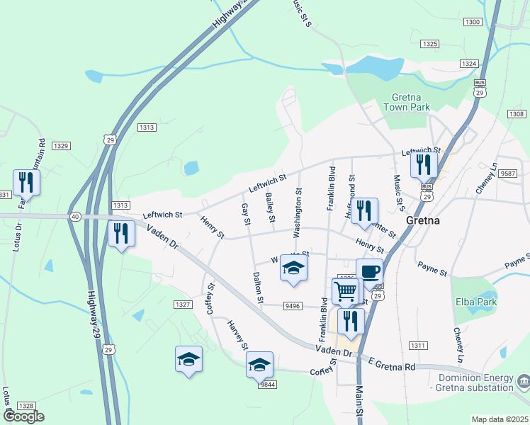 map of restaurants, bars, coffee shops, grocery stores, and more near 105 Bailey Street in Gretna