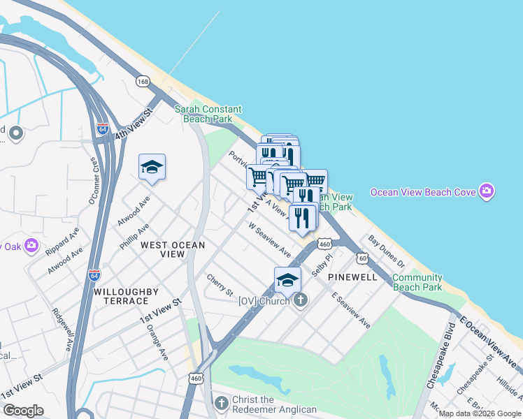 map of restaurants, bars, coffee shops, grocery stores, and more near 185 West Balview Avenue in Norfolk
