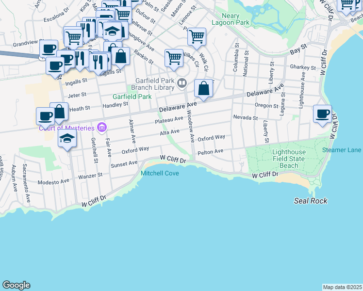 map of restaurants, bars, coffee shops, grocery stores, and more near 223 Oxford Way in Santa Cruz