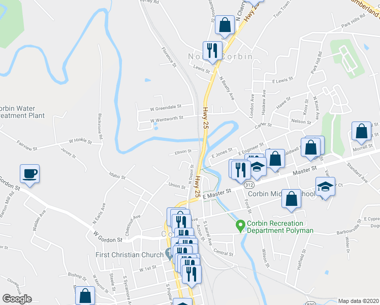 map of restaurants, bars, coffee shops, grocery stores, and more near 200 Ellison Street in Corbin