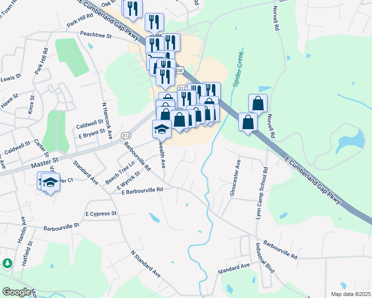 map of restaurants, bars, coffee shops, grocery stores, and more near Oak Place Village Apartments Other in Corbin
