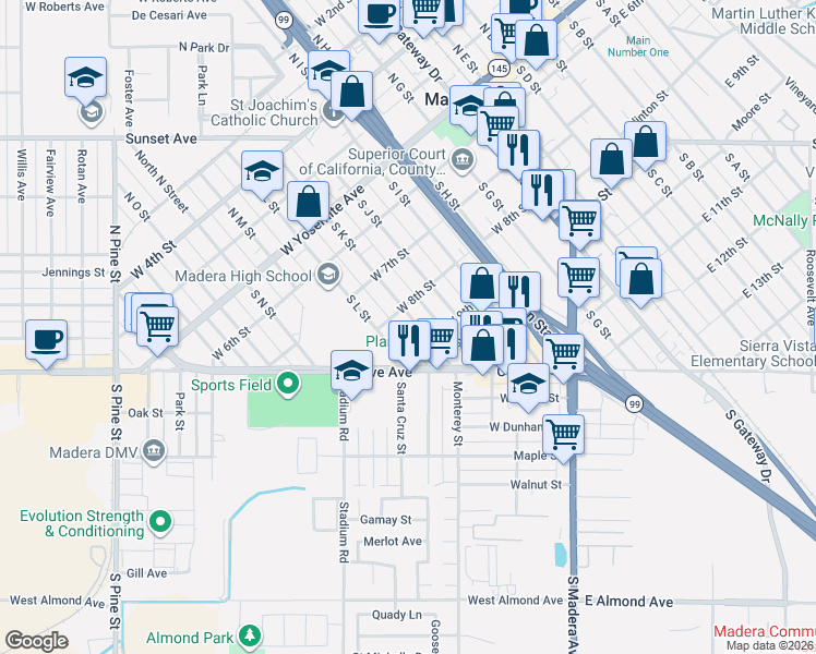 map of restaurants, bars, coffee shops, grocery stores, and more near 412 South K Street in Madera