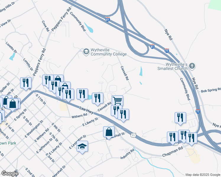 map of restaurants, bars, coffee shops, grocery stores, and more near 101 Longview Village Circle in Wytheville