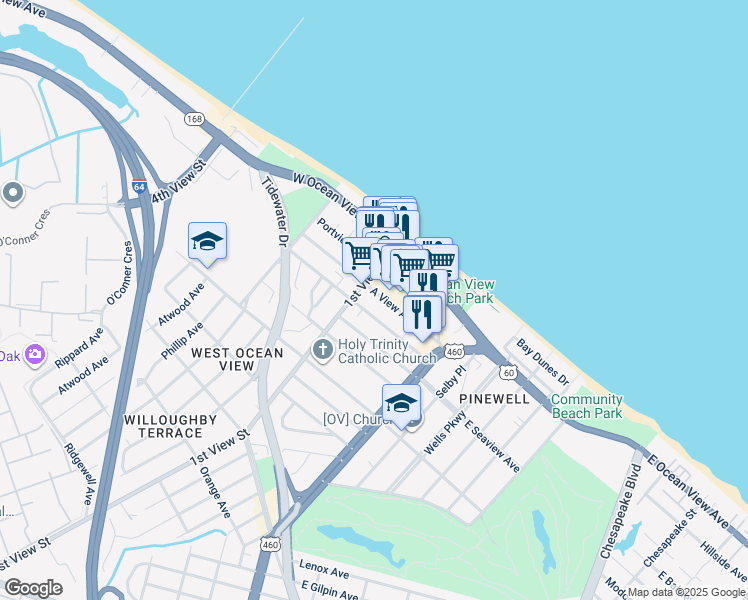 map of restaurants, bars, coffee shops, grocery stores, and more near 165 A View Avenue in Norfolk
