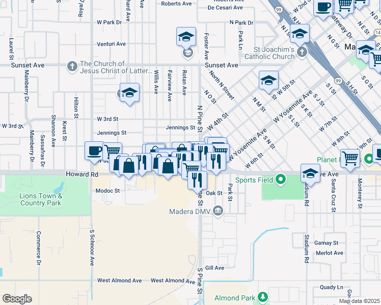map of restaurants, bars, coffee shops, grocery stores, and more near 1415 West 5th Street in Madera
