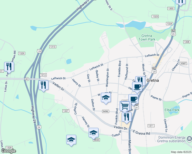 map of restaurants, bars, coffee shops, grocery stores, and more near 105 Bailey Street in Gretna