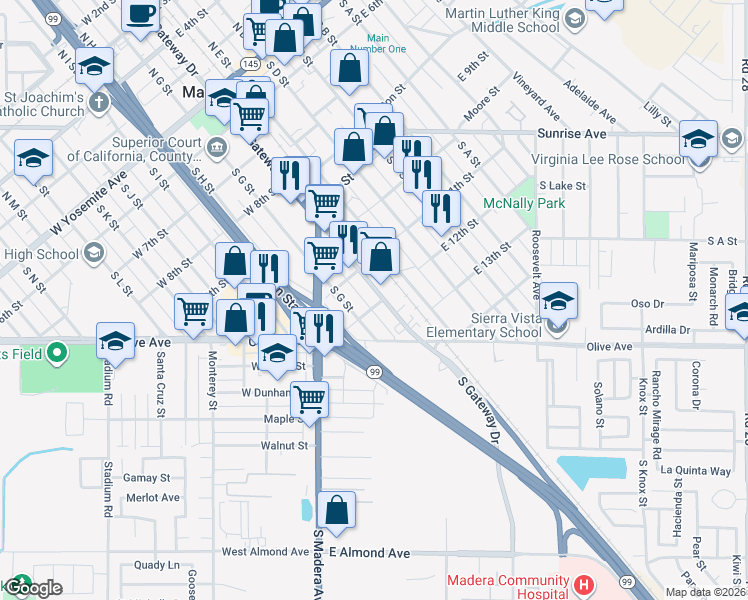 map of restaurants, bars, coffee shops, grocery stores, and more near 724 South Gateway Drive in Madera