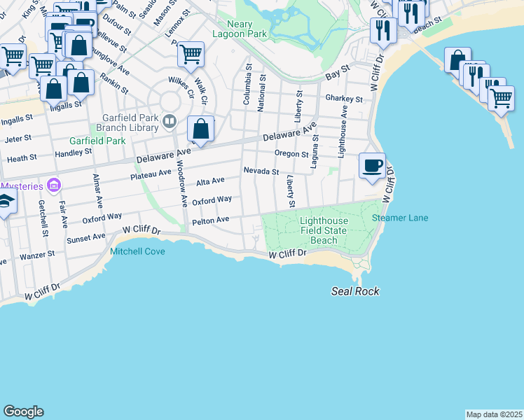 map of restaurants, bars, coffee shops, grocery stores, and more near 616 Pelton Avenue in Santa Cruz
