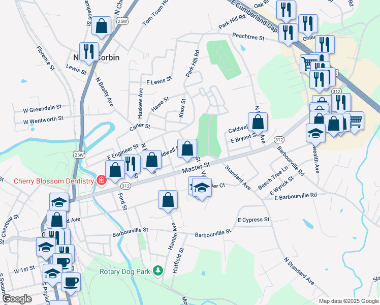 map of restaurants, bars, coffee shops, grocery stores, and more near 622 Carter Street in Corbin
