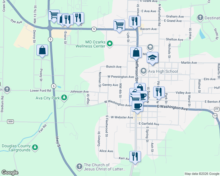 map of restaurants, bars, coffee shops, grocery stores, and more near 217-399 Northwest 6th Street in Ava