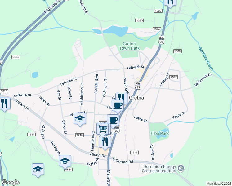 map of restaurants, bars, coffee shops, grocery stores, and more near 105 Music Street South in Gretna