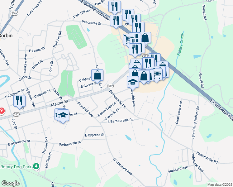 map of restaurants, bars, coffee shops, grocery stores, and more near East Center Street in Corbin