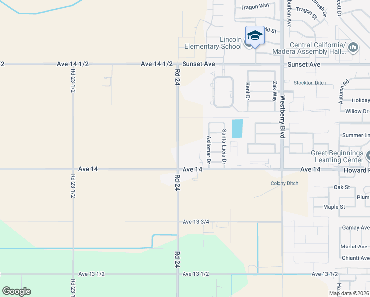 map of restaurants, bars, coffee shops, grocery stores, and more near 14183 Road 24 in Madera
