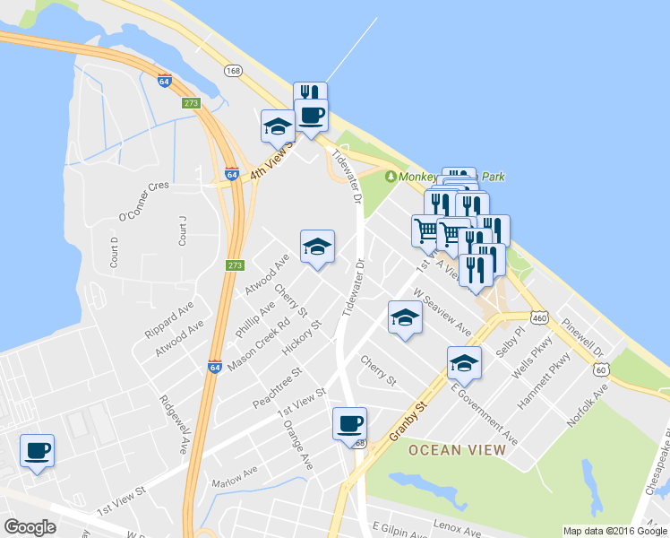 map of restaurants, bars, coffee shops, grocery stores, and more near 9514 Mason Creek Road in Norfolk