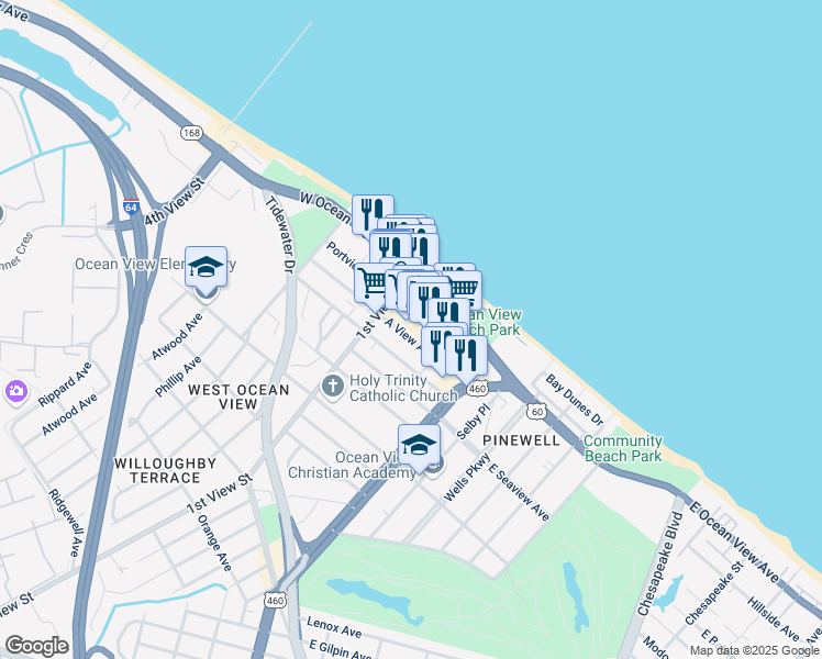 map of restaurants, bars, coffee shops, grocery stores, and more near 165 A View Avenue in Norfolk