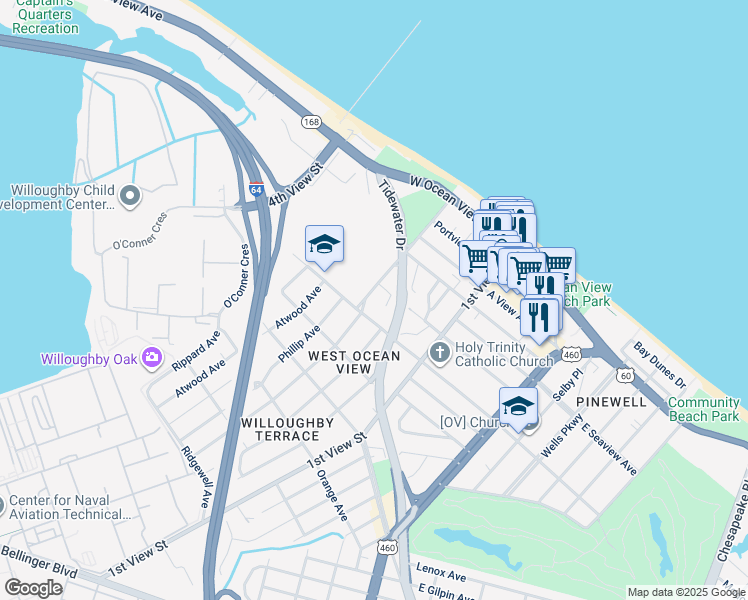 map of restaurants, bars, coffee shops, grocery stores, and more near 9514 Mason Creek Road in Norfolk